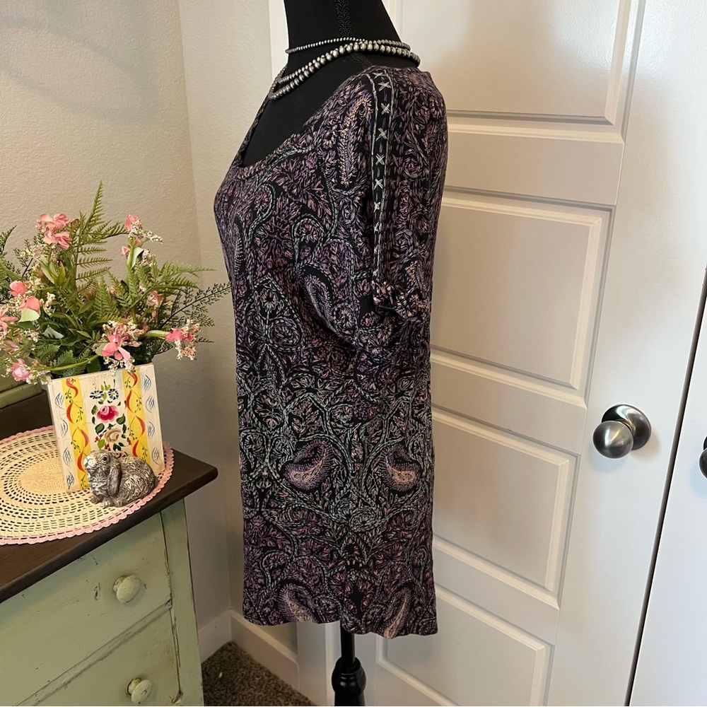 Lucky Brand Colorful Faux Embroidery Paisley Boho Short Sleeve T-Shirt Blouse L - Picture 4 of 10